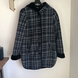 Ike Behar Plush Lined Hooded Jacket Faux Fur Charcoal Gray Plaid Small